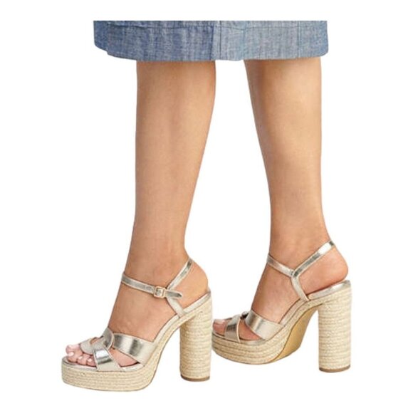 Coach Talina Champagne Metallic Sandals‎ Size 9 Leather Espadrilles Heels Open - Picture 1 of 12